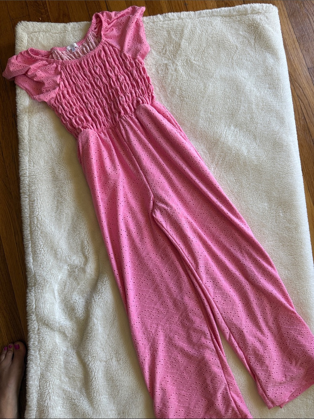 Pink Eyelet Smocked Jumpsuit - Size 10